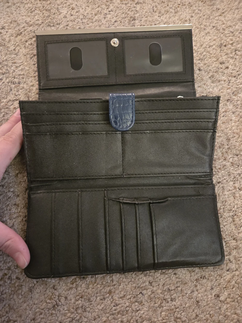 Navy Croc-Embossed Leather Clutch with Silver Trim